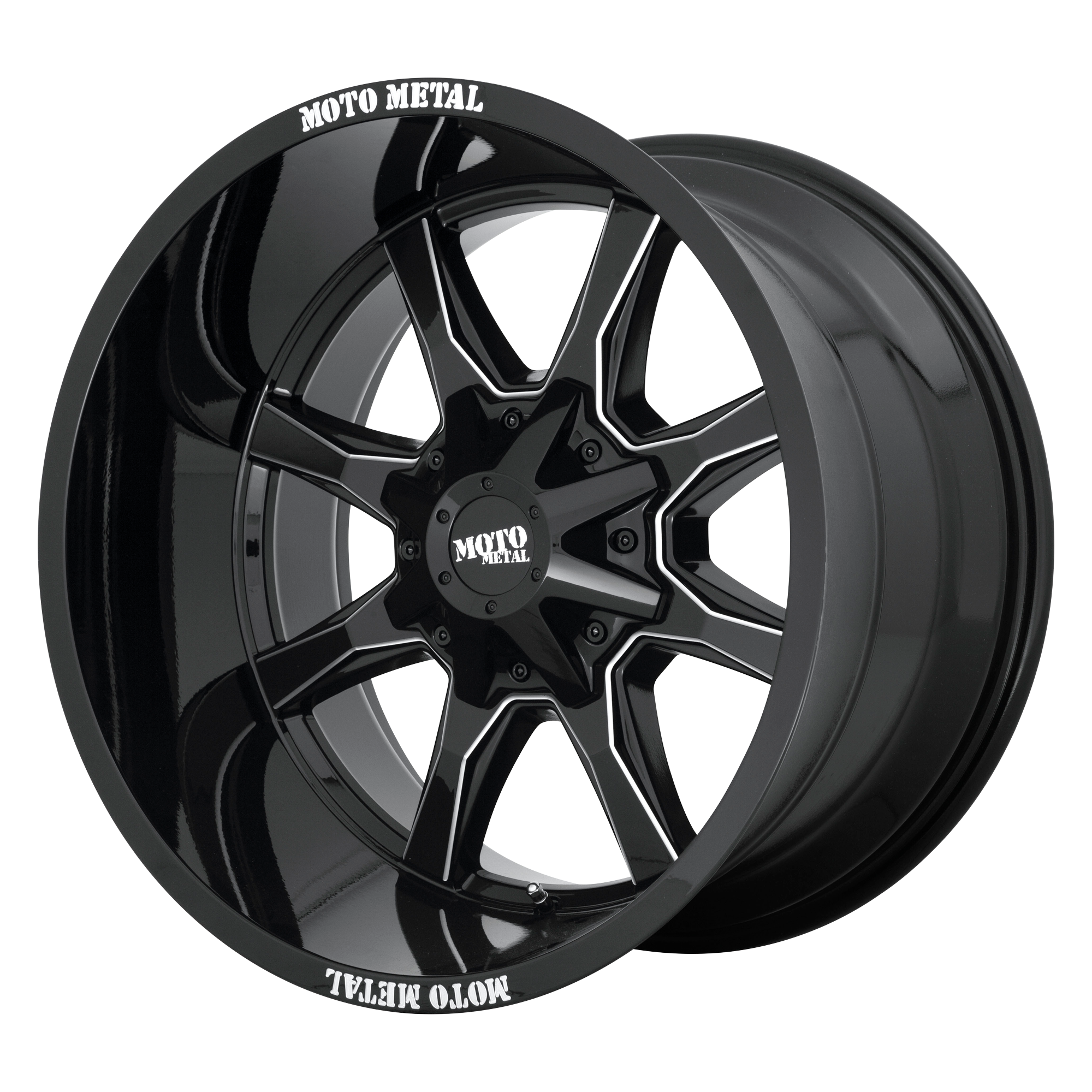 Moto Metal 20"x10" Non-Chrome Gloss Black with Milled Spoke and Moto Metal On Lip Custom Wheel ARSWCWMO970210353B12