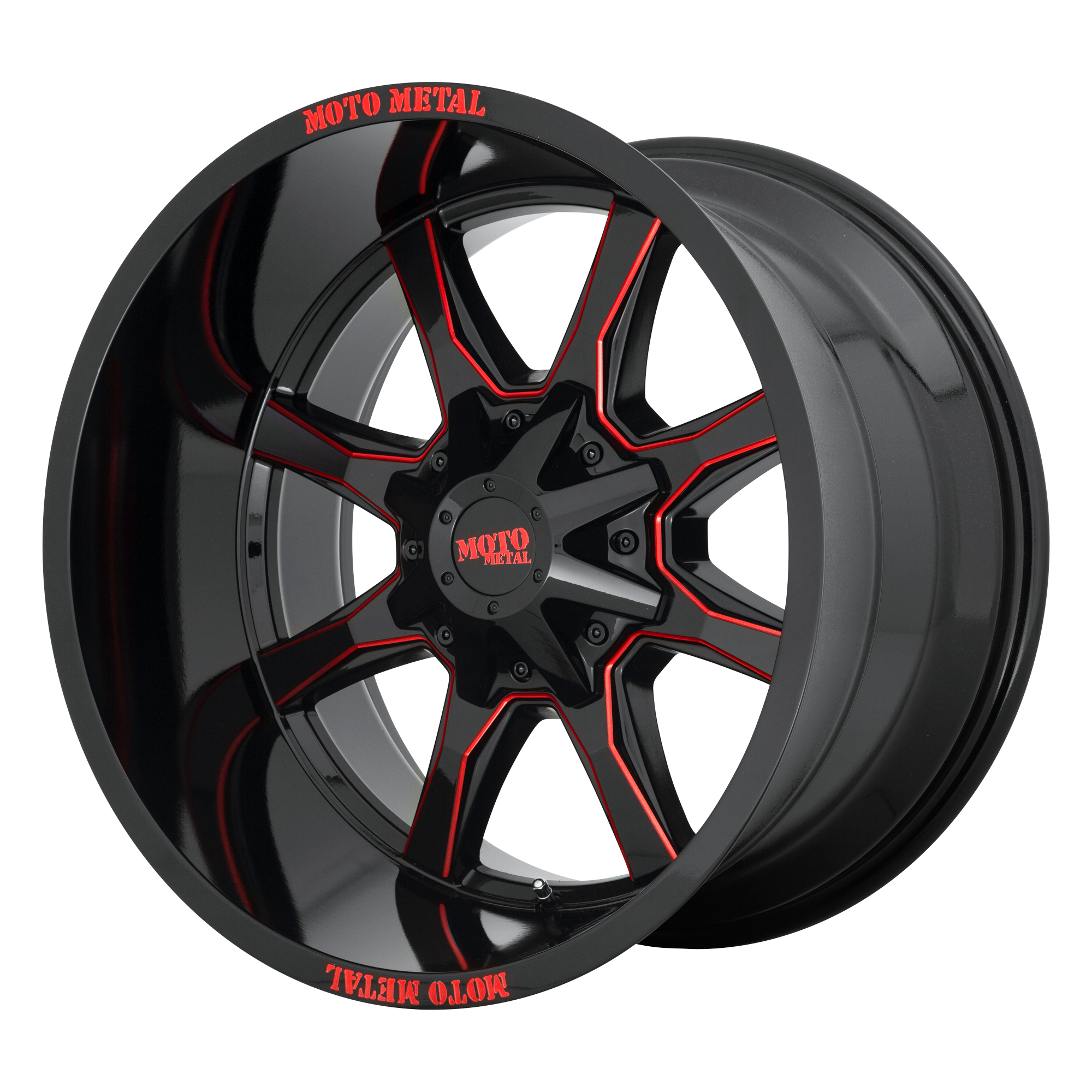 Moto Metal 20"x10" Non-Chrome Gloss Black Milled with Red Tint and Moto Metal On Lip Custom Wheel ARSWCWMO970210673C18N